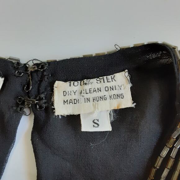 Vintage 1980s 100% Silk Tunic Blouse Black Beaded Statement Collar Long Sleeve S - Picture 14 of 16